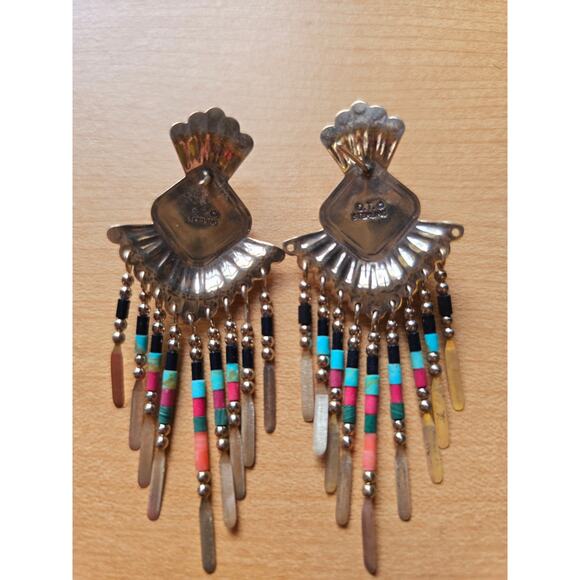 QT Quoc Turquoise Sterling Silver Southwestern Fringe Drop Earrings Signed - Picture 2 of 6